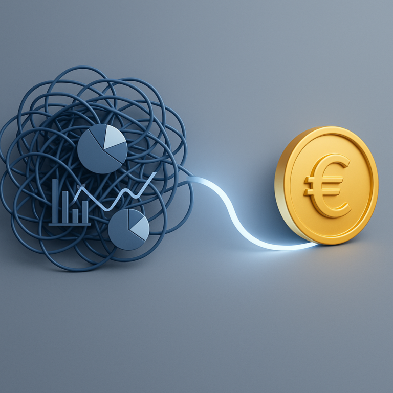 Eine moderne, konzeptionelle Illustration, die den Prozess der Unternehmensbewertung darstellt. Auf der linken Seite befindet sich ein komplexes, verworrenes Knäuel aus Linien und Diagrammen, das finanzielle Unsicherheit symbolisiert. Ein klarer, leuchtender Pfad führt aus diesem Knäuel heraus und verwandelt sich auf der rechten Seite in eine einzelne, solide und wertvolle Goldmünze mit einem Euro-Symbol, die den klar ermittelten Unternehmenswert darstellt.
