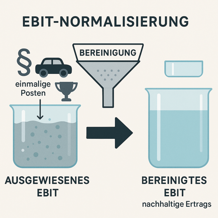 Eine saubere Infografik, die den Prozess der EBIT-Normalisierung veranschaulicht. Auf der linken Seite ein Glasbehälter mit der Aufschrift 'Ausgewiesenes EBIT', gefüllt mit trübem Wasser und Symbolen für einmalige Posten (ein Anwalts-Paragraphenzeichen, ein überdimensioniertes Auto für private Kosten, ein einmaliger Pokal für Sondererträge). Ein Filter in der Mitte mit der Aufschrift 'Bereinigung' siebt diese Symbole aus. Auf der rechten Seite ein identischer Glasbehälter mit der Aufschrift 'Bereinigtes EBIT', gefüllt mit klarem, reinem Wasser, das die nachhaltige Ertragskraft symbolisiert.