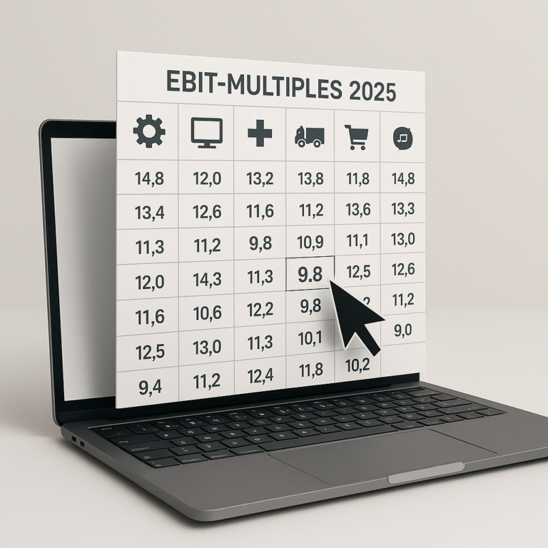 Eine visuelle Darstellung einer großen, übersichtlichen Tabelle, die aus dem Bildschirm eines modernen Laptops herausragt. Die Tabelle zeigt verschiedene Branchensymbole (z.B. Zahnrad für Industrie, Computer für IT, Kreuz für Gesundheit) in den Zeilen und Spalten mit der Überschrift 'EBIT-Multiples 2025'. Ein Zeiger (Cursor) hebt eine bestimmte Zelle hervor, was die Auswahl des richtigen Multiplikators symbolisiert.